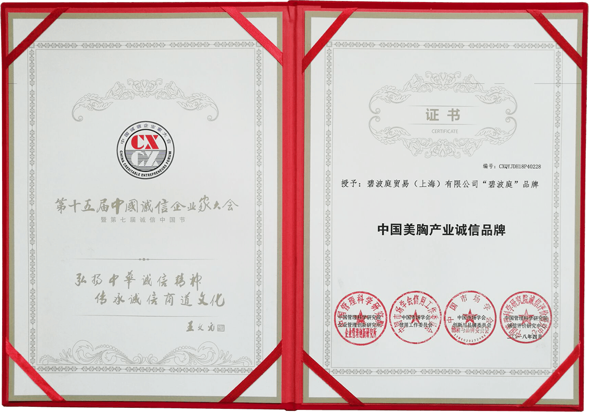 中国美胸产业诚信品牌证书